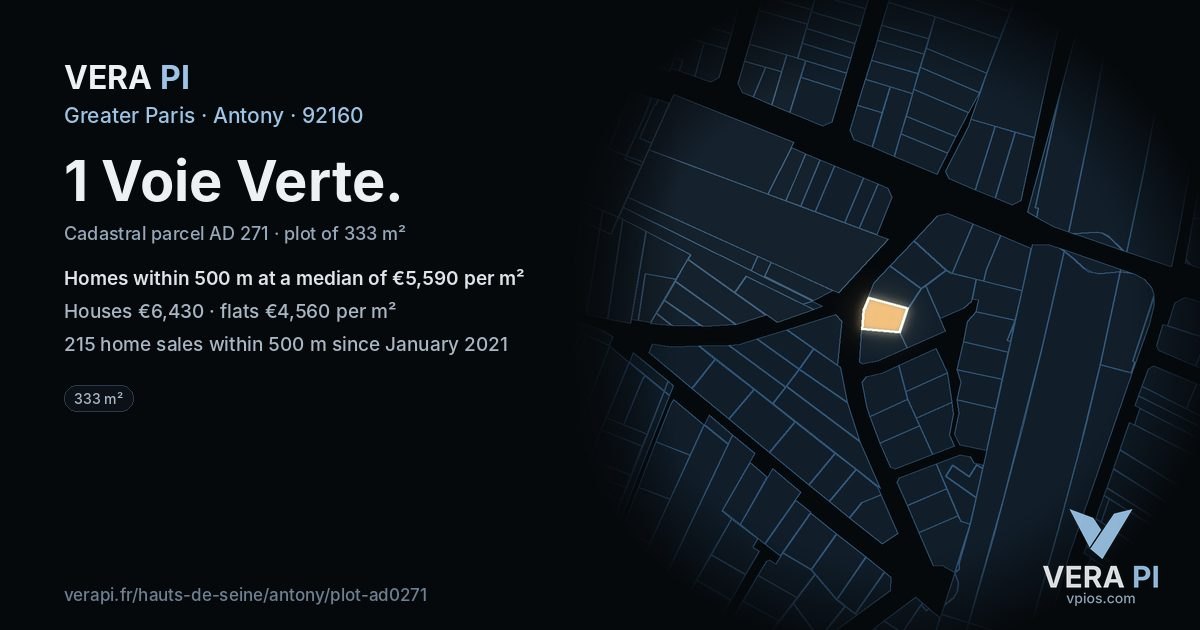 1 Voie Verte, Antony at night – the plot lit, the parcels around coloured by the prices near them