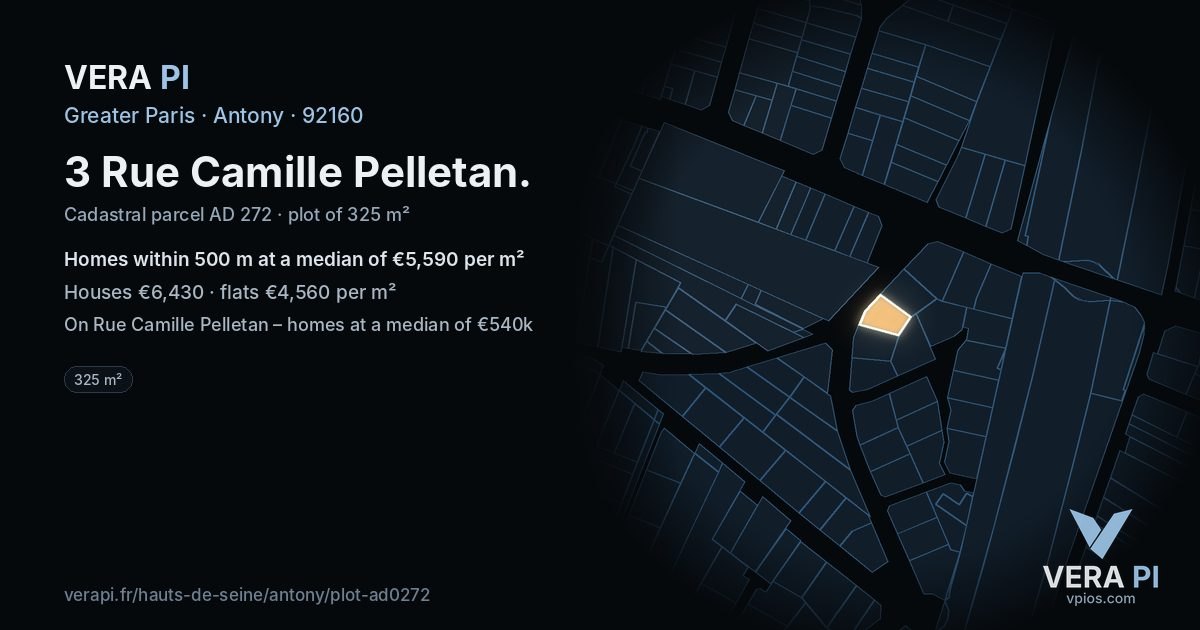 3 Rue Camille Pelletan, Antony at night – the plot lit, the parcels around coloured by the prices near them