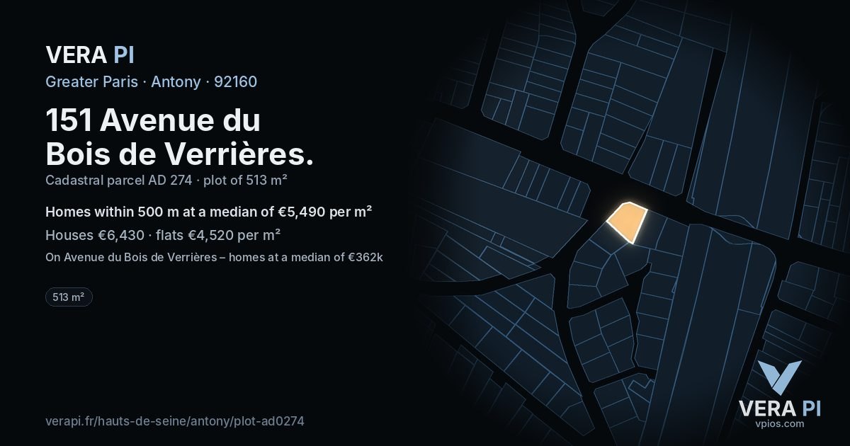 151 Avenue du Bois de Verrières, Antony at night – the plot lit, the parcels around coloured by the prices near them