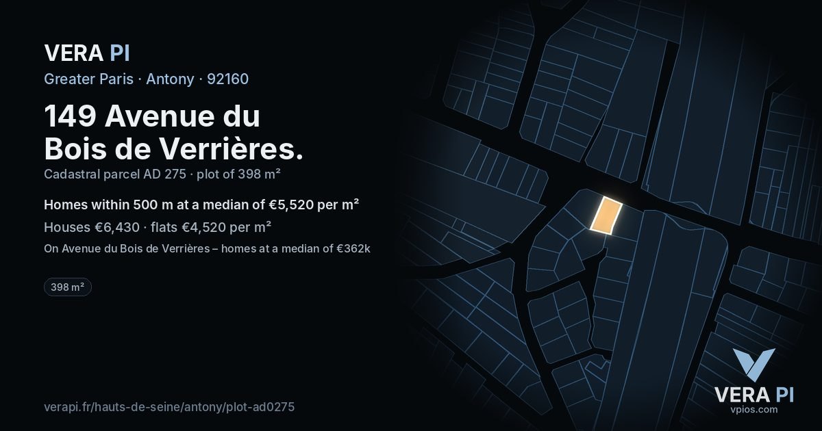149 Avenue du Bois de Verrières, Antony at night – the plot lit, the parcels around coloured by the prices near them