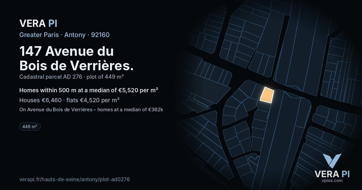 147 Avenue du Bois de Verrières, Antony at night – the plot lit, the parcels around coloured by the prices near them