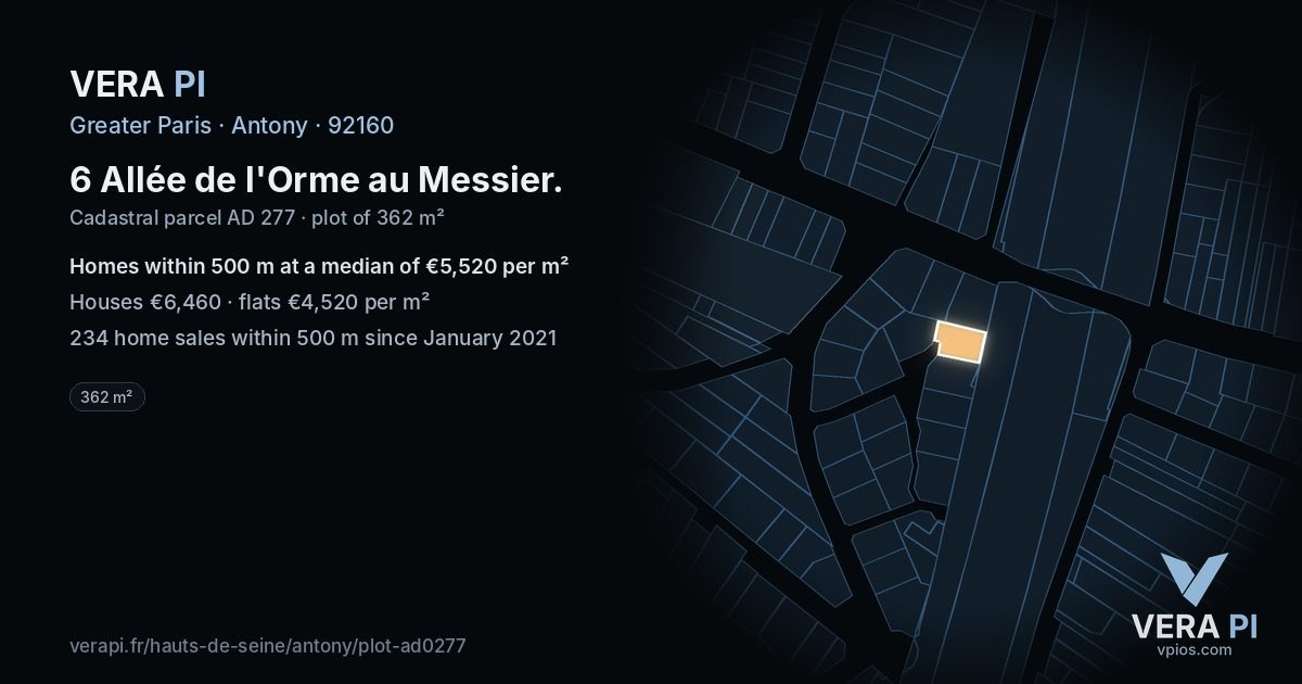 6 Allée de l'Orme au Messier, Antony at night – the plot lit, the parcels around coloured by the prices near them