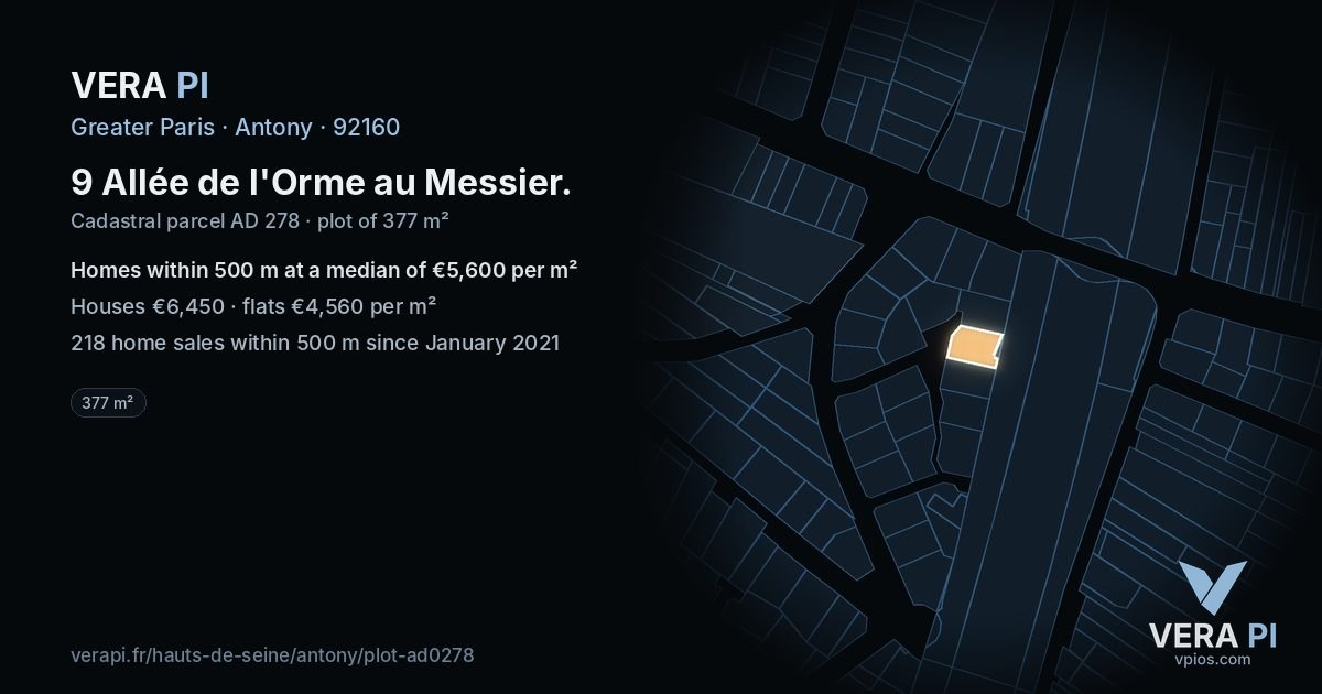 9 Allée de l'Orme au Messier, Antony at night – the plot lit, the parcels around coloured by the prices near them