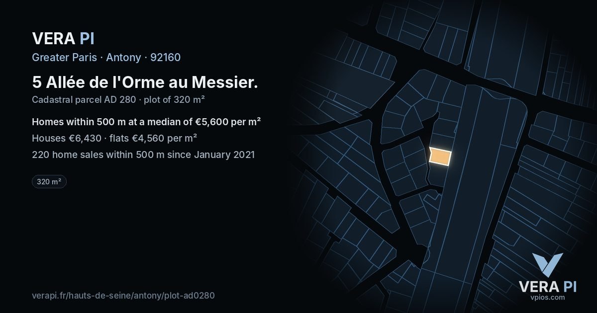 5 Allée de l'Orme au Messier, Antony at night – the plot lit, the parcels around coloured by the prices near them