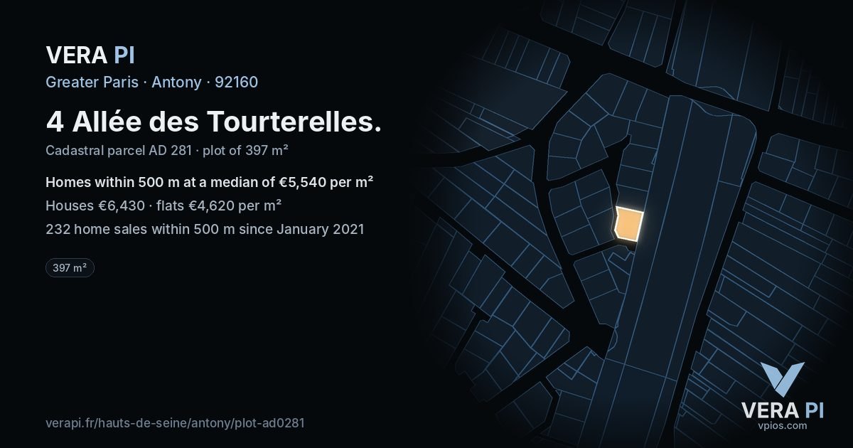4 Allée des Tourterelles, Antony at night – the plot lit, the parcels around coloured by the prices near them