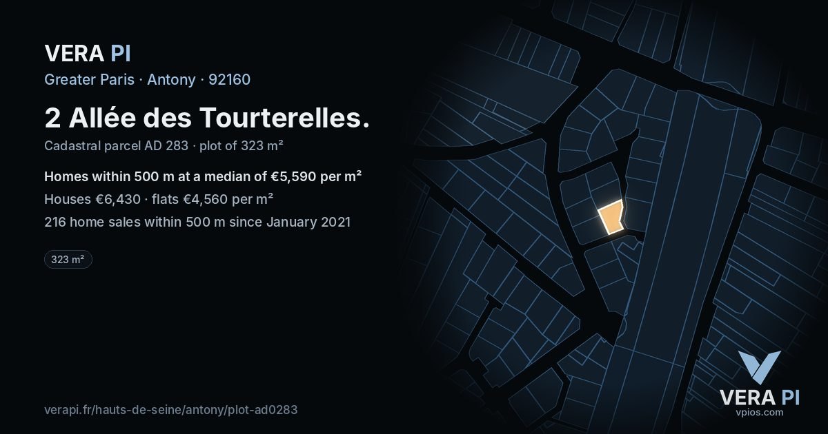 2 Allée des Tourterelles, Antony at night – the plot lit, the parcels around coloured by the prices near them