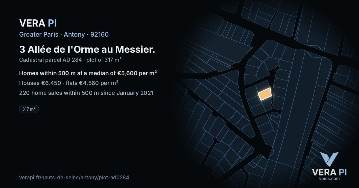 3 Allée de l'Orme au Messier, Antony at night – the plot lit, the parcels around coloured by the prices near them