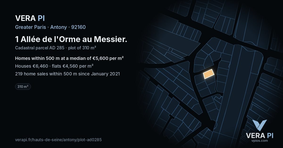 1 Allée de l'Orme au Messier, Antony at night – the plot lit, the parcels around coloured by the prices near them