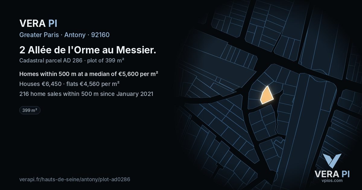 2 Allée de l'Orme au Messier, Antony at night – the plot lit, the parcels around coloured by the prices near them