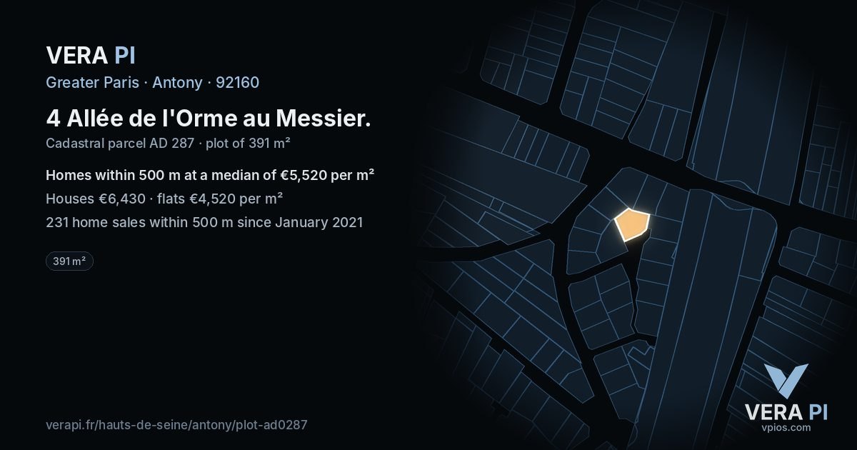 4 Allée de l'Orme au Messier, Antony at night – the plot lit, the parcels around coloured by the prices near them