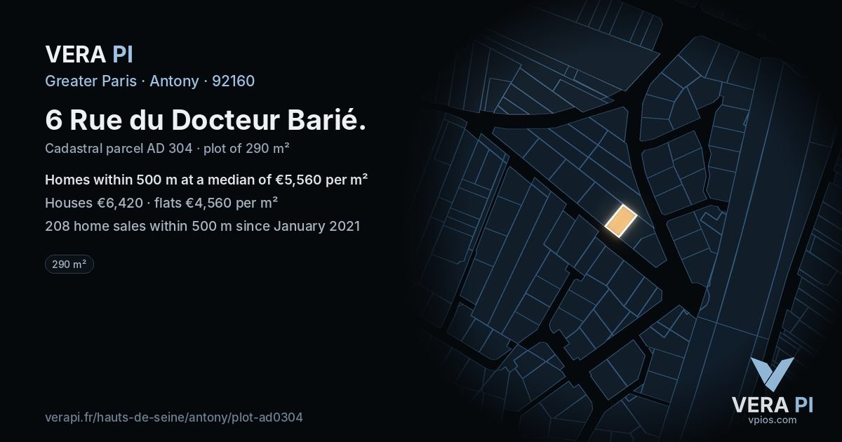6 Rue du Docteur Barié, Antony at night – the plot lit, the parcels around coloured by the prices near them