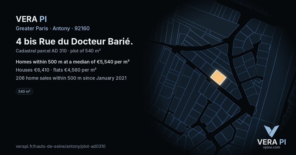 4 bis Rue du Docteur Barié, Antony at night – the plot lit, the parcels around coloured by the prices near them