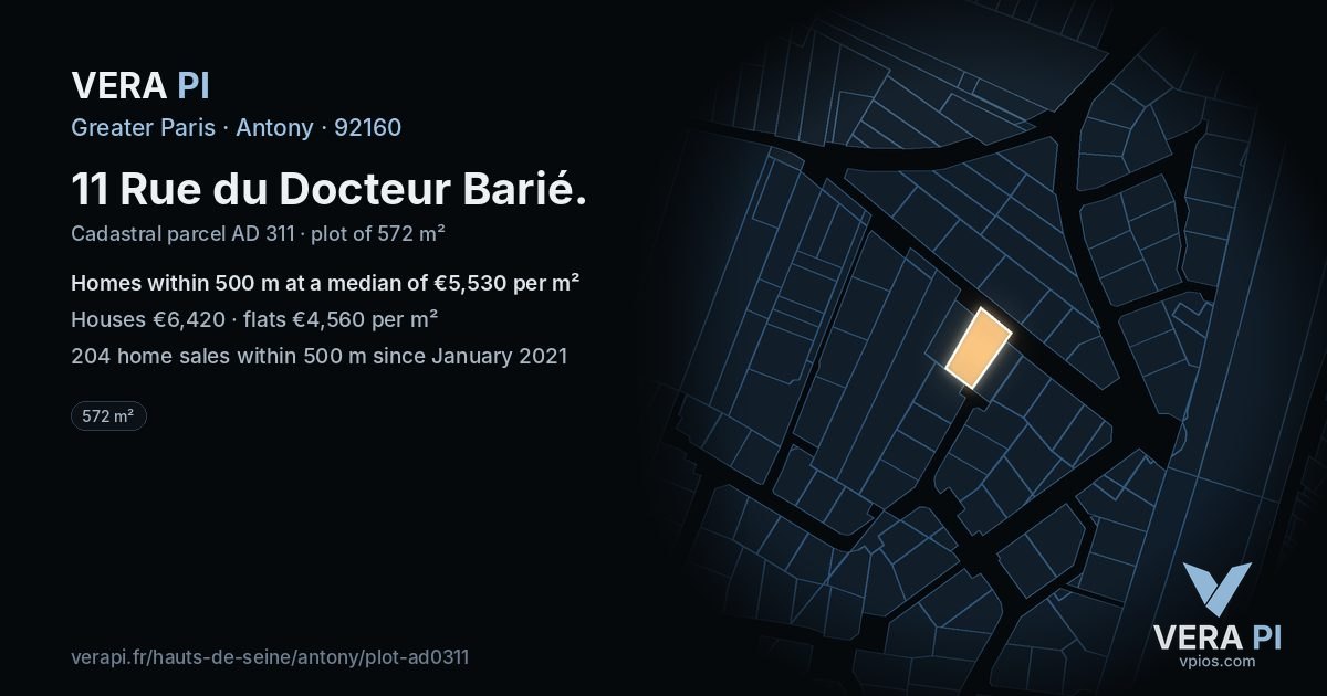11 Rue du Docteur Barié, Antony at night – the plot lit, the parcels around coloured by the prices near them