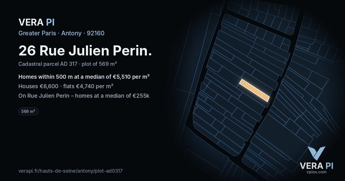 26 Rue Julien Perin, Antony at night – the plot lit, the parcels around coloured by the prices near them