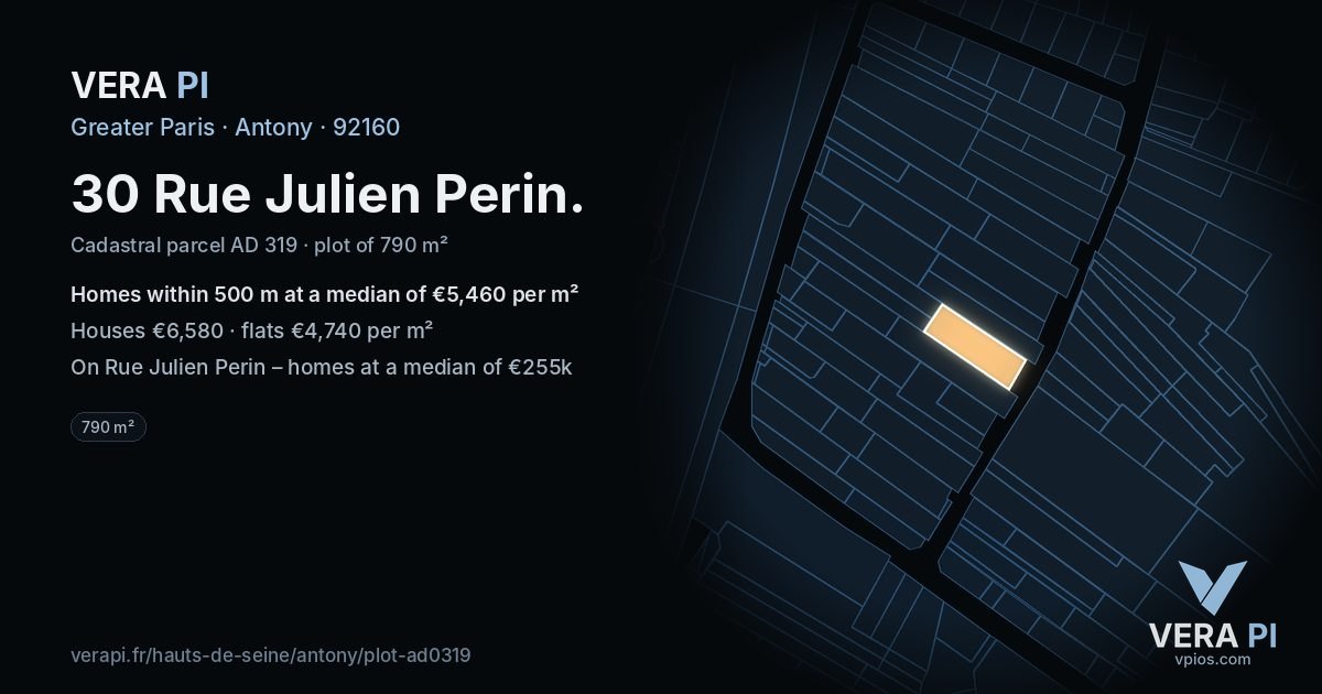 30 Rue Julien Perin, Antony at night – the plot lit, the parcels around coloured by the prices near them