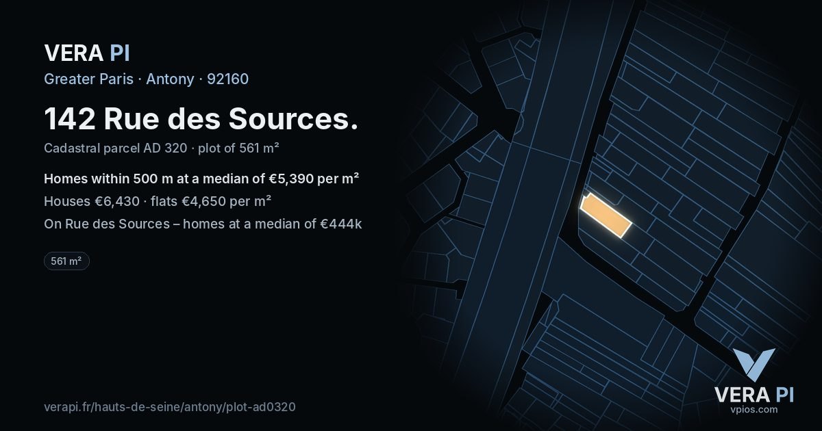 142 Rue des Sources, Antony at night – the plot lit, the parcels around coloured by the prices near them