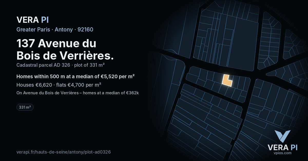 137 Avenue du Bois de Verrières, Antony at night – the plot lit, the parcels around coloured by the prices near them
