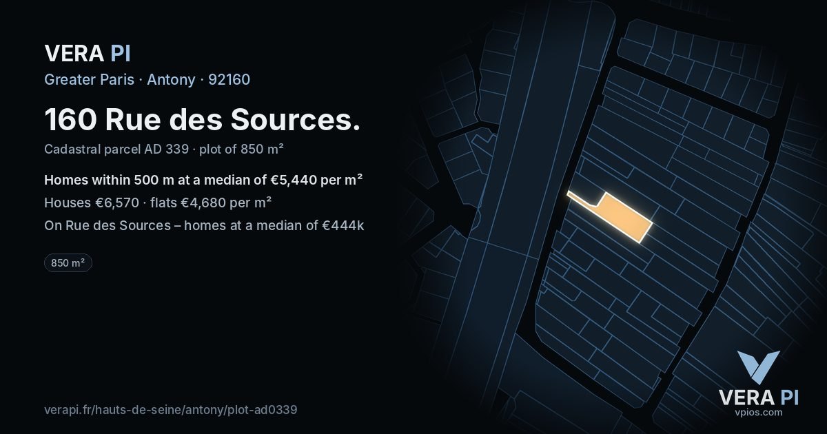 160 Rue des Sources, Antony at night – the plot lit, the parcels around coloured by the prices near them