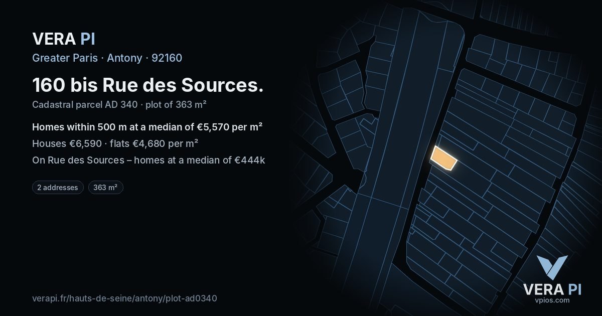 160 bis Rue des Sources, Antony at night – the plot lit, the parcels around coloured by the prices near them