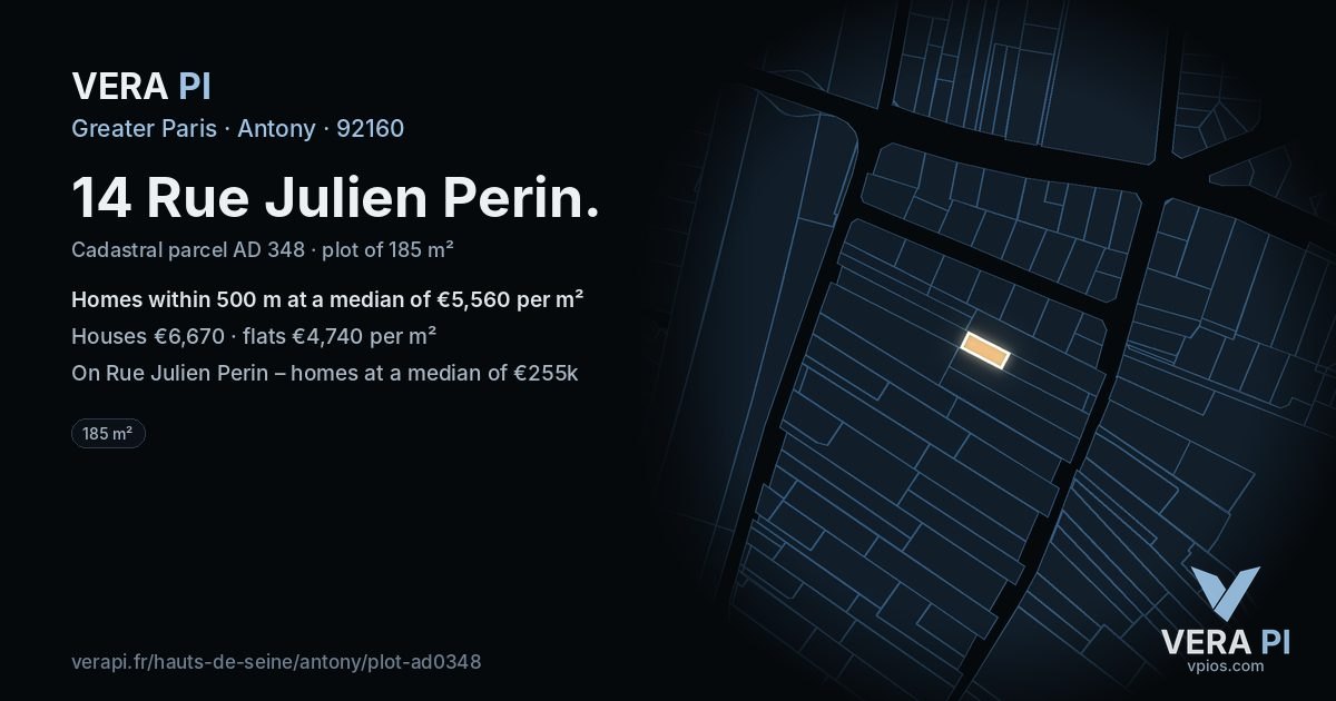 14 Rue Julien Perin, Antony at night – the plot lit, the parcels around coloured by the prices near them