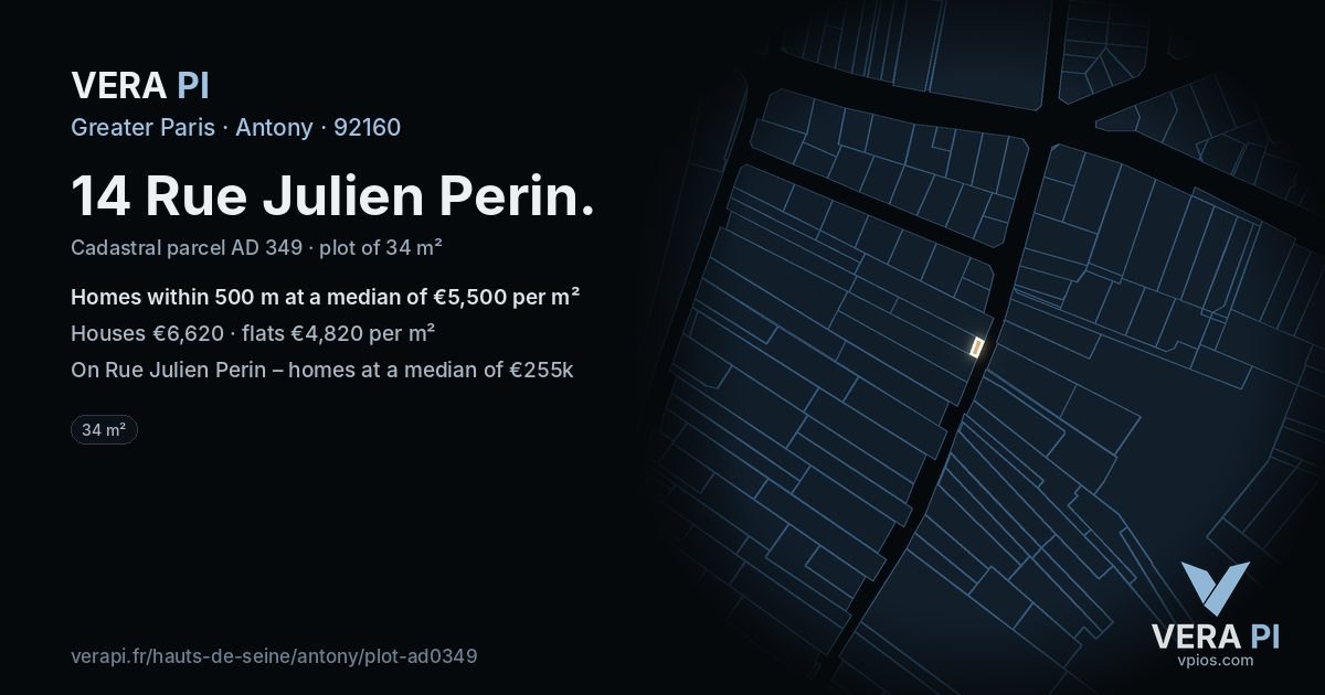 14 Rue Julien Perin, Antony at night – the plot lit, the parcels around coloured by the prices near them