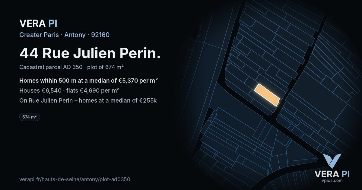 44 Rue Julien Perin, Antony at night – the plot lit, the parcels around coloured by the prices near them