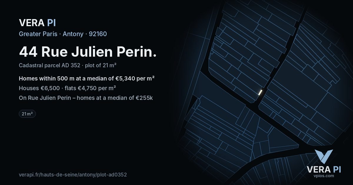 44 Rue Julien Perin, Antony at night – the plot lit, the parcels around coloured by the prices near them