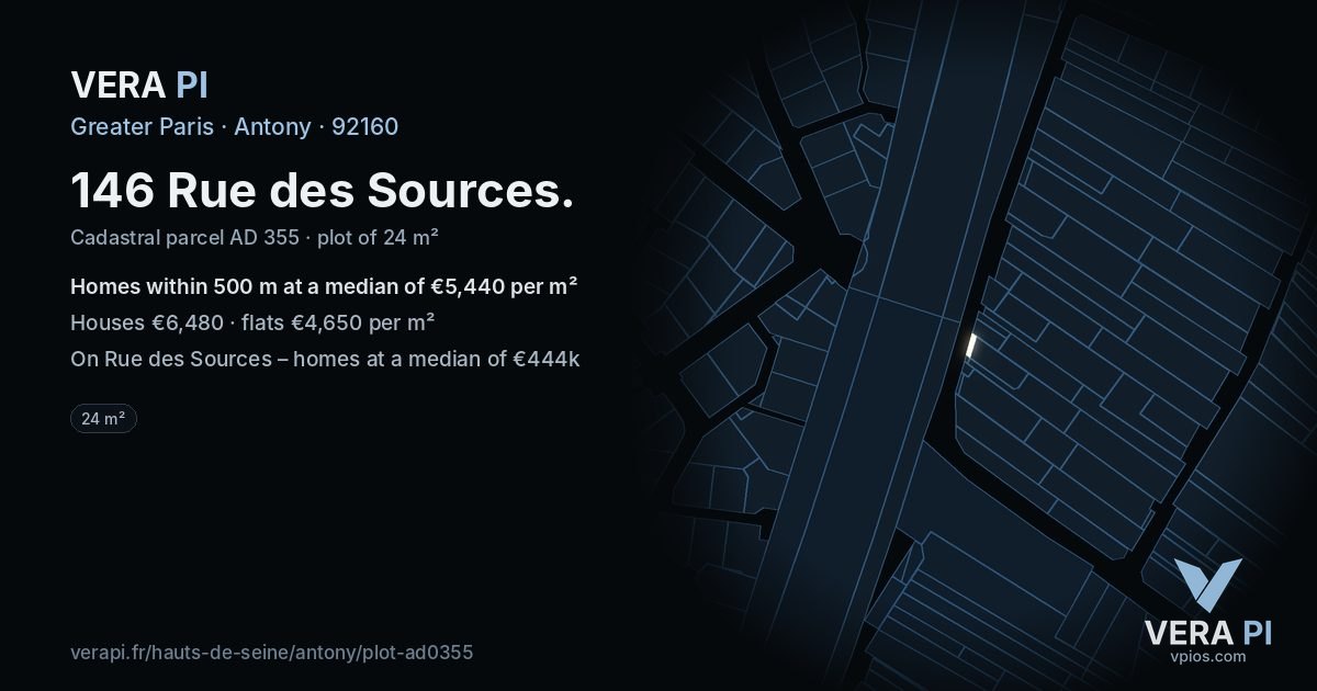 146 Rue des Sources, Antony at night – the plot lit, the parcels around coloured by the prices near them