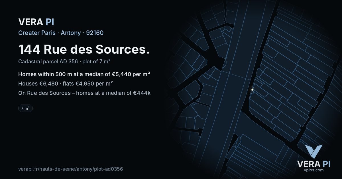 144 Rue des Sources, Antony at night – the plot lit, the parcels around coloured by the prices near them