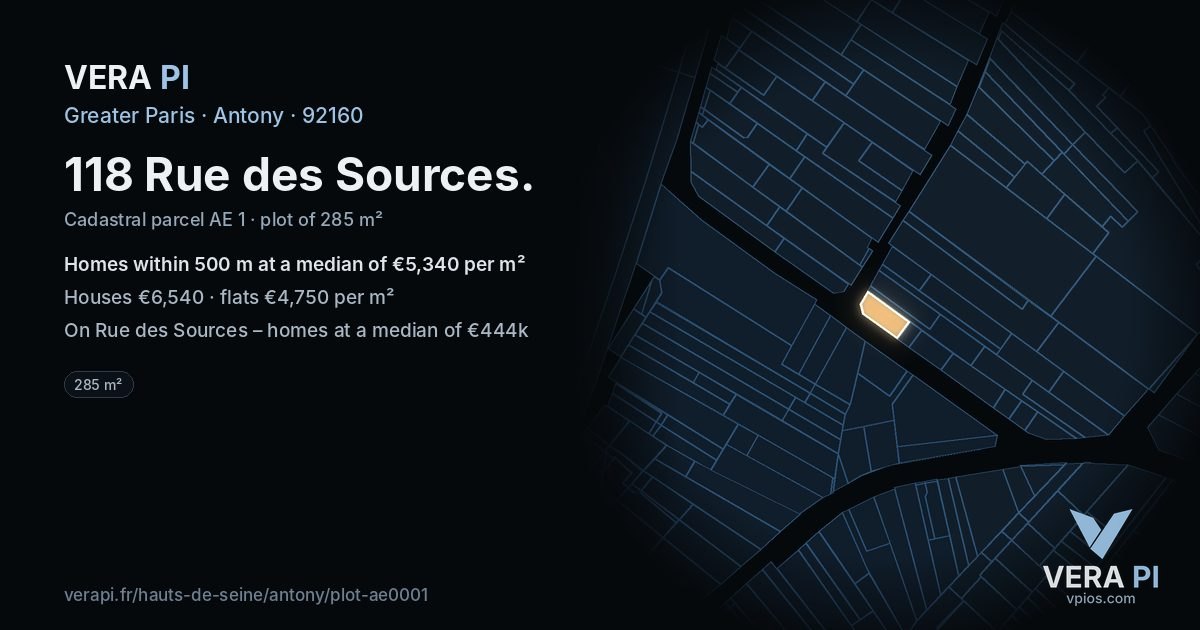118 Rue des Sources, Antony at night – the plot lit, the parcels around coloured by the prices near them