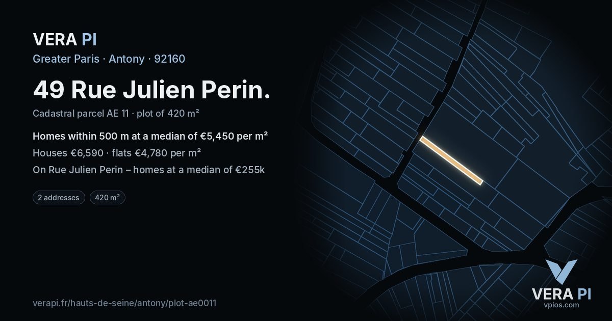 49 Rue Julien Perin, Antony at night – the plot lit, the parcels around coloured by the prices near them