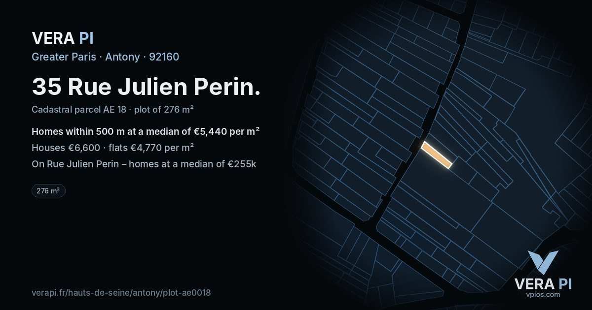 35 Rue Julien Perin, Antony at night – the plot lit, the parcels around coloured by the prices near them
