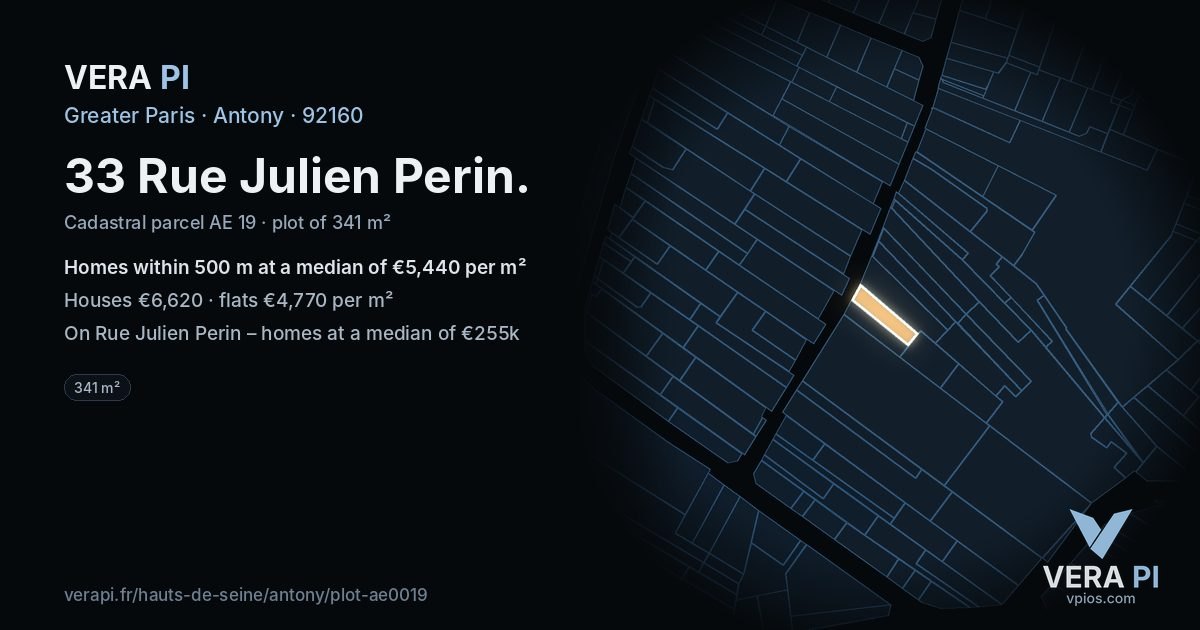 33 Rue Julien Perin, Antony at night – the plot lit, the parcels around coloured by the prices near them