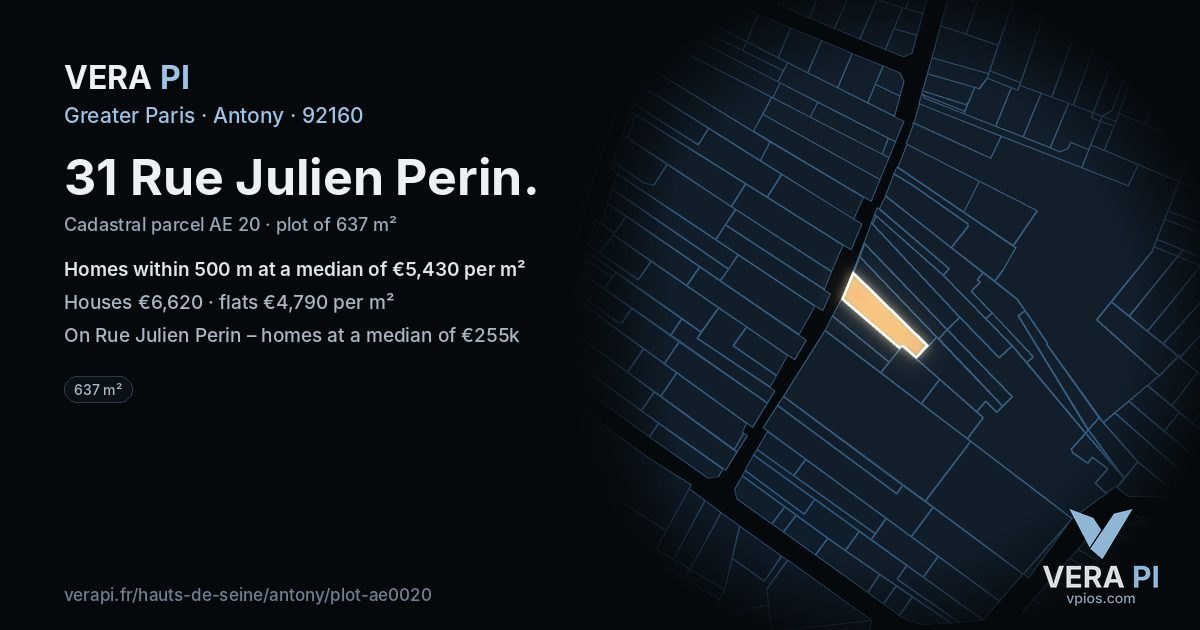 31 Rue Julien Perin, Antony at night – the plot lit, the parcels around coloured by the prices near them