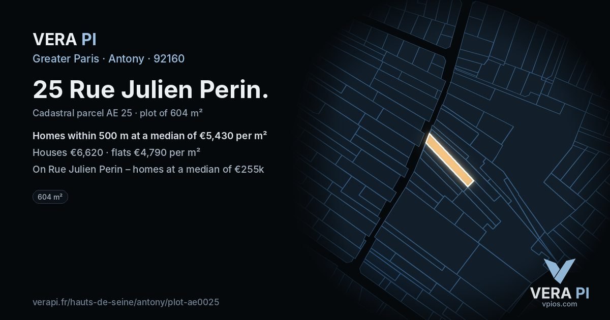 25 Rue Julien Perin, Antony at night – the plot lit, the parcels around coloured by the prices near them