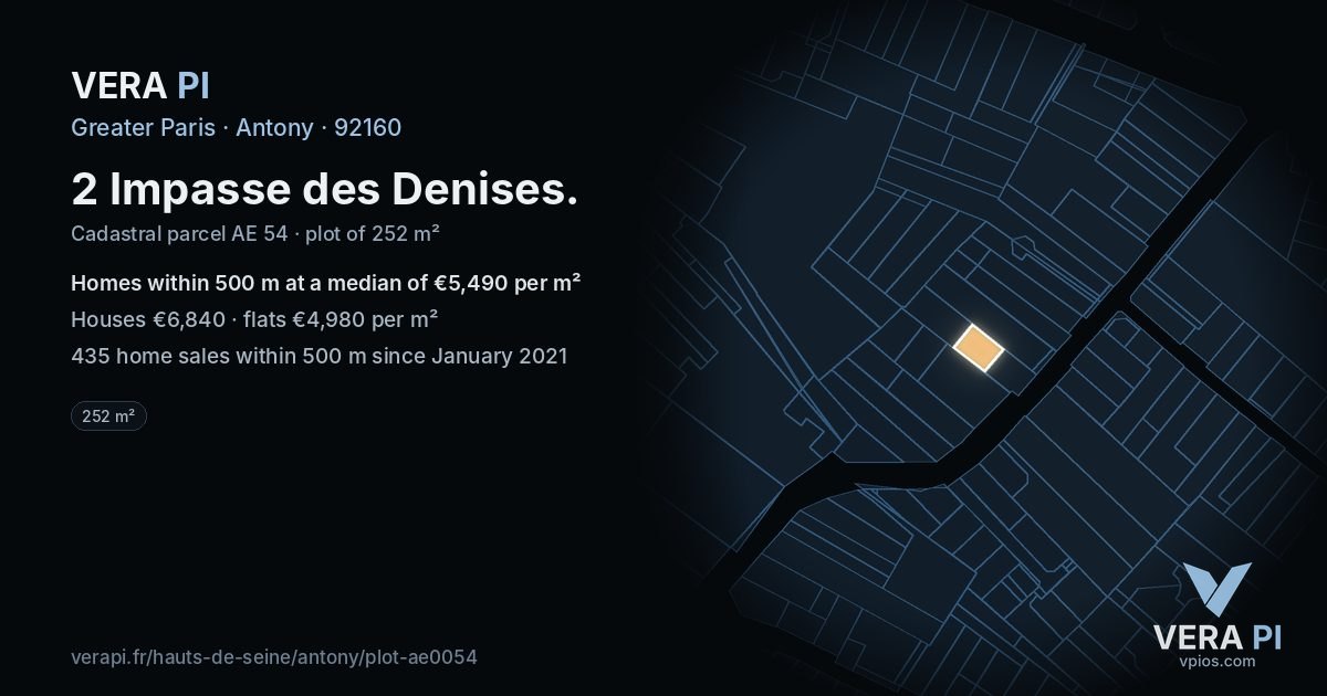 2 Impasse des Denises, Antony at night – the plot lit, the parcels around coloured by the prices near them