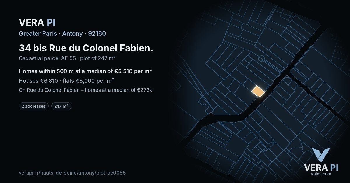 34 bis Rue du Colonel Fabien, Antony at night – the plot lit, the parcels around coloured by the prices near them
