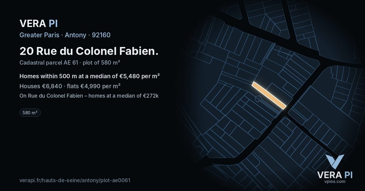 20 Rue du Colonel Fabien, Antony at night – the plot lit, the parcels around coloured by the prices near them