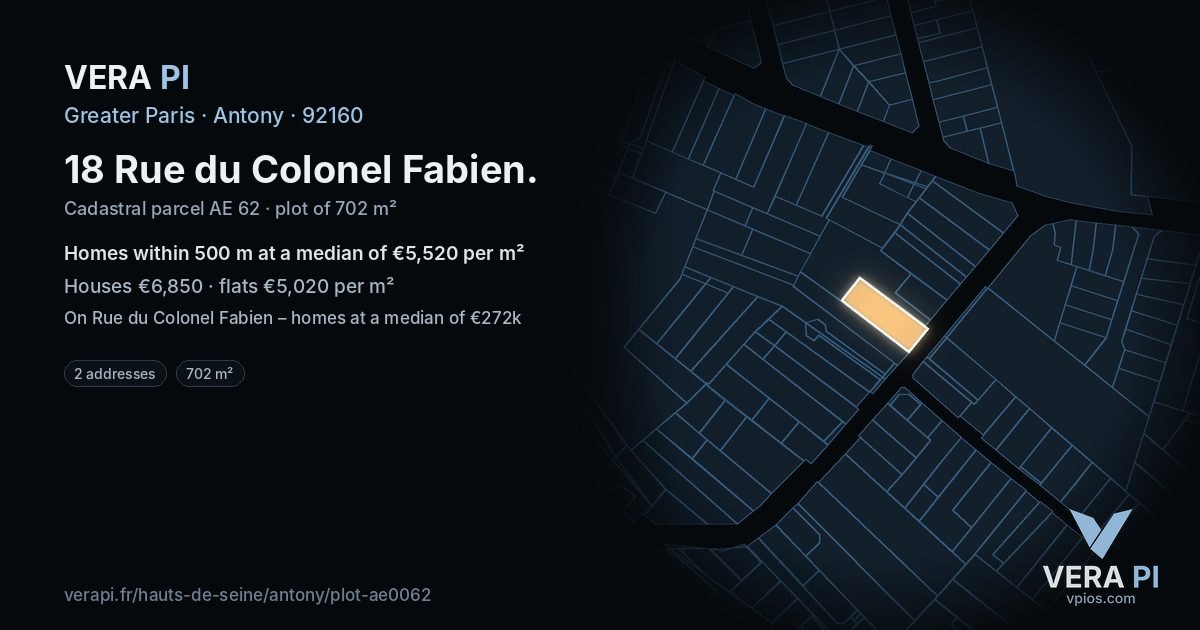 18 Rue du Colonel Fabien, Antony at night – the plot lit, the parcels around coloured by the prices near them