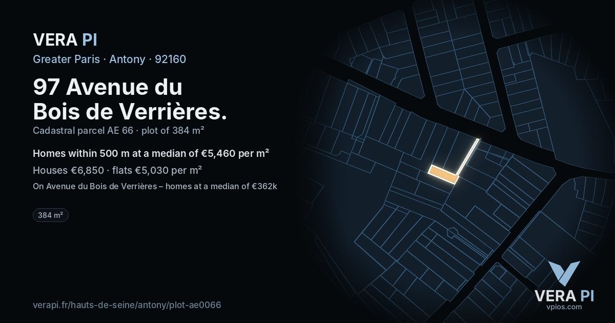 97 Avenue du Bois de Verrières, Antony at night – the plot lit, the parcels around coloured by the prices near them