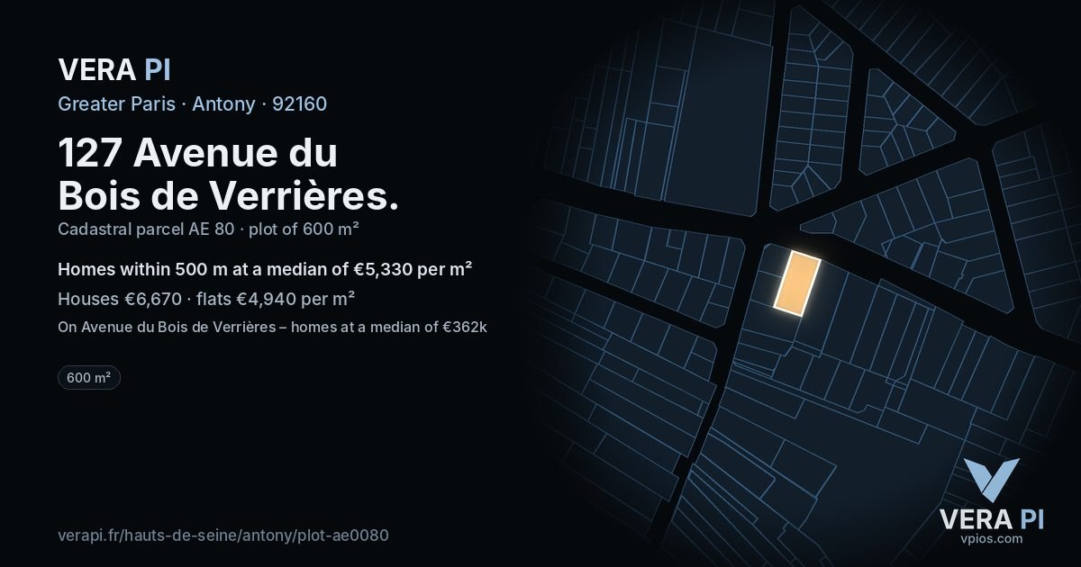 127 Avenue du Bois de Verrières, Antony at night – the plot lit, the parcels around coloured by the prices near them