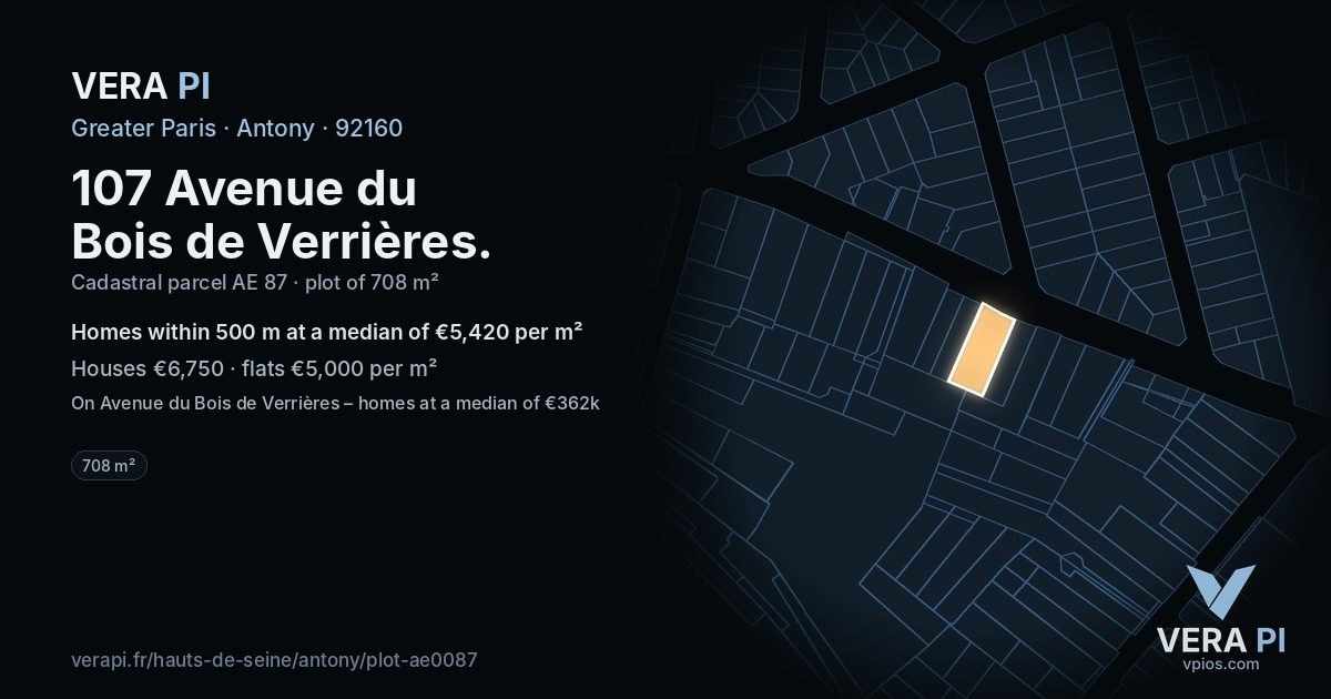 107 Avenue du Bois de Verrières, Antony at night – the plot lit, the parcels around coloured by the prices near them
