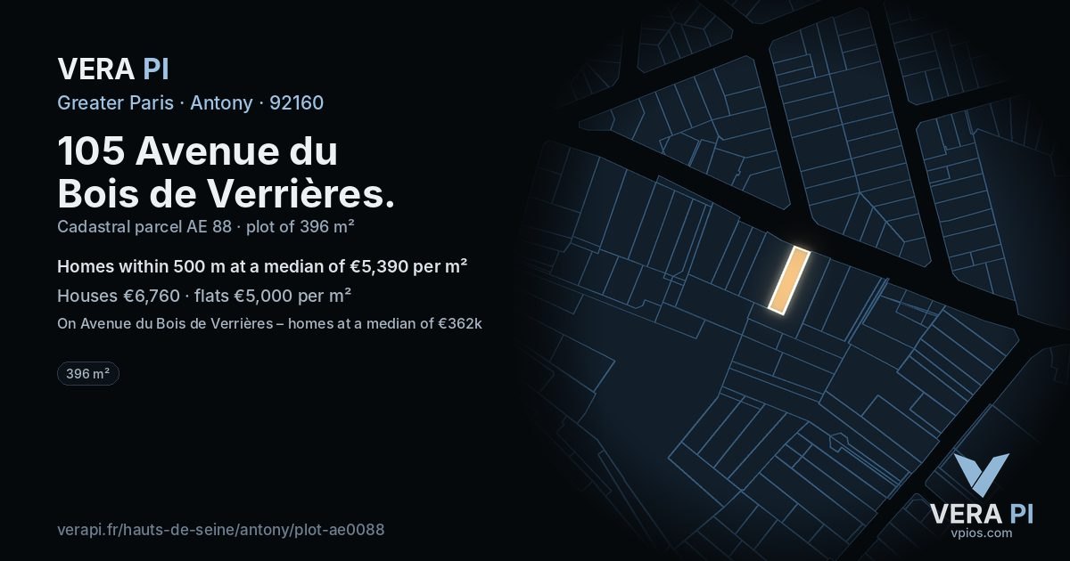 105 Avenue du Bois de Verrières, Antony at night – the plot lit, the parcels around coloured by the prices near them