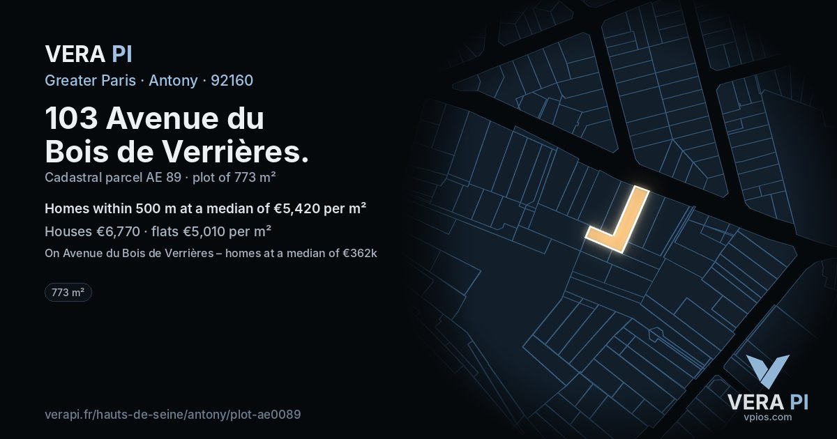 103 Avenue du Bois de Verrières, Antony at night – the plot lit, the parcels around coloured by the prices near them