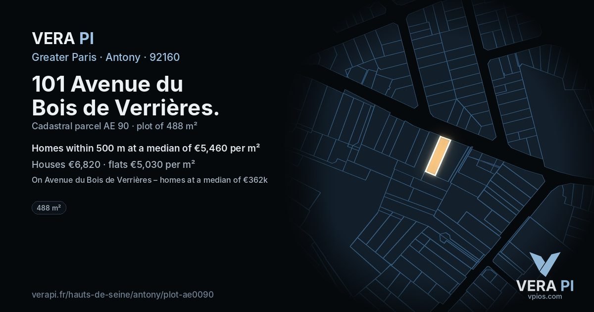 101 Avenue du Bois de Verrières, Antony at night – the plot lit, the parcels around coloured by the prices near them