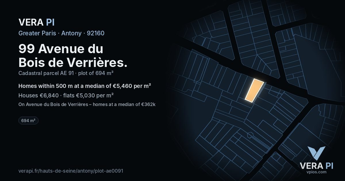 99 Avenue du Bois de Verrières, Antony at night – the plot lit, the parcels around coloured by the prices near them