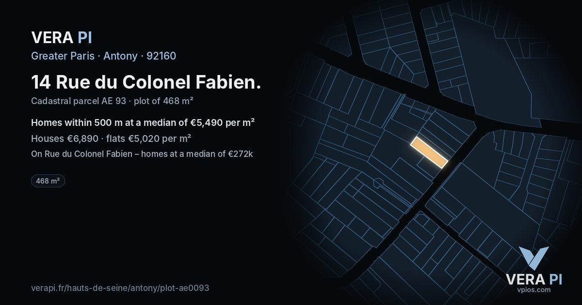 14 Rue du Colonel Fabien, Antony at night – the plot lit, the parcels around coloured by the prices near them