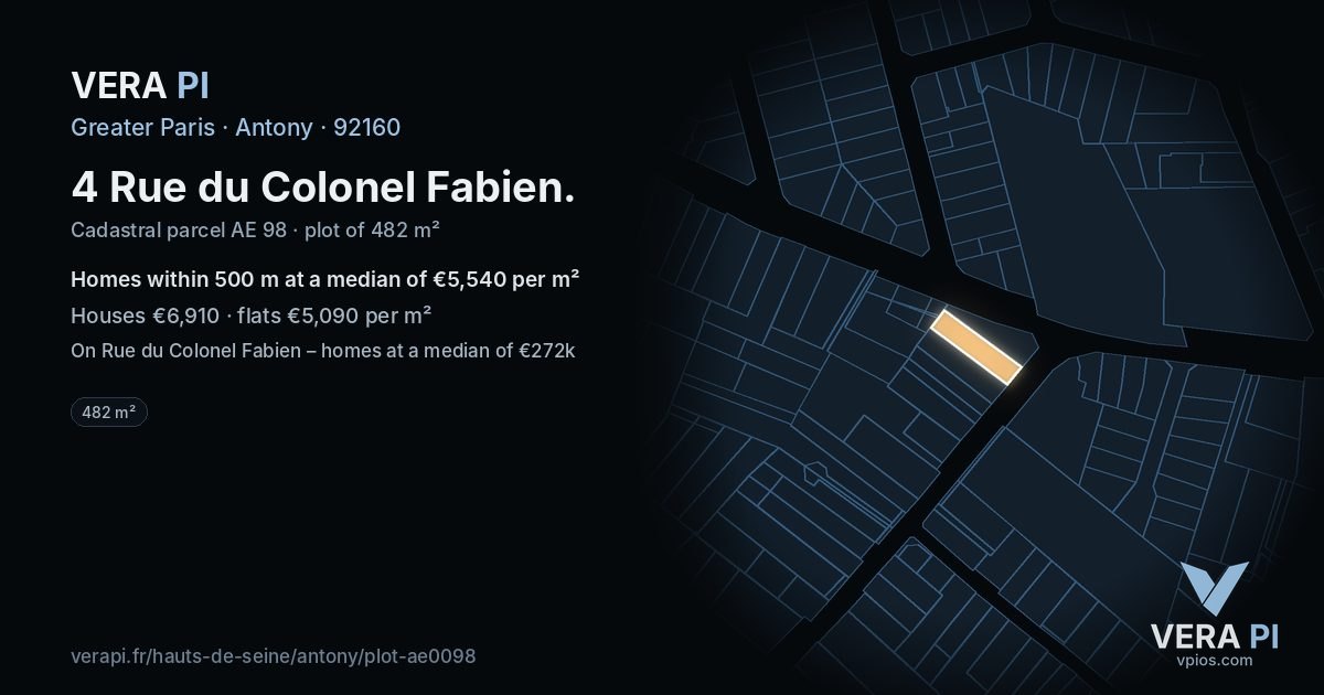 4 Rue du Colonel Fabien, Antony at night – the plot lit, the parcels around coloured by the prices near them