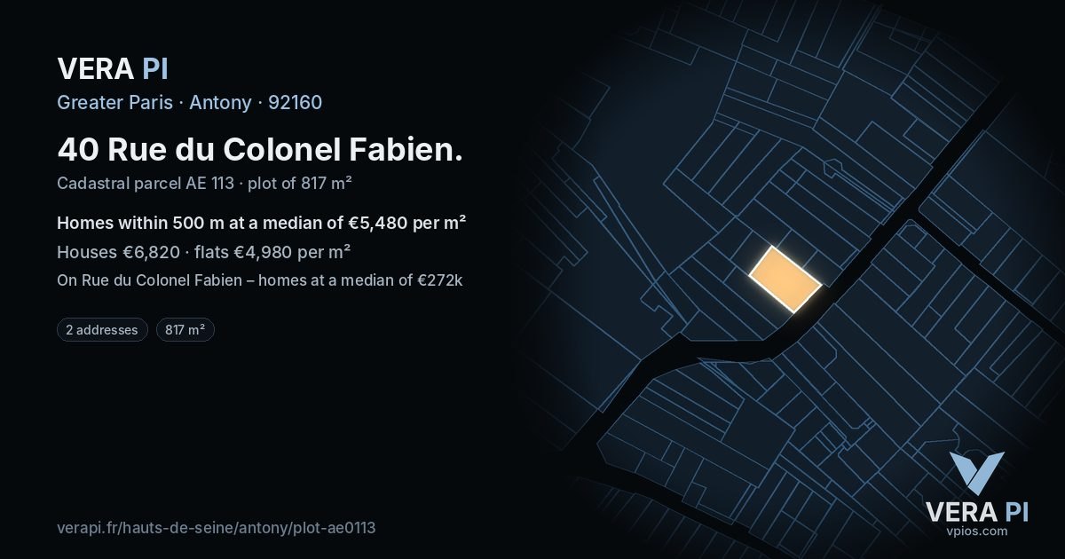 40 Rue du Colonel Fabien, Antony at night – the plot lit, the parcels around coloured by the prices near them