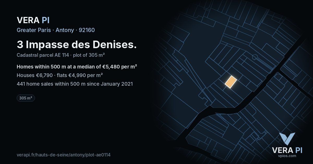 3 Impasse des Denises, Antony at night – the plot lit, the parcels around coloured by the prices near them